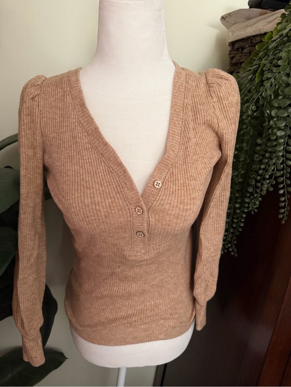 LOFT light Camel Ribbed V-Neck Button Pullover